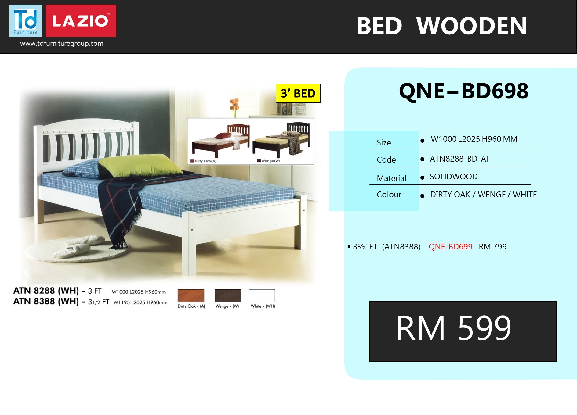 ATN8288-BD-AF - 3' BED * H/BOARD/FRAME