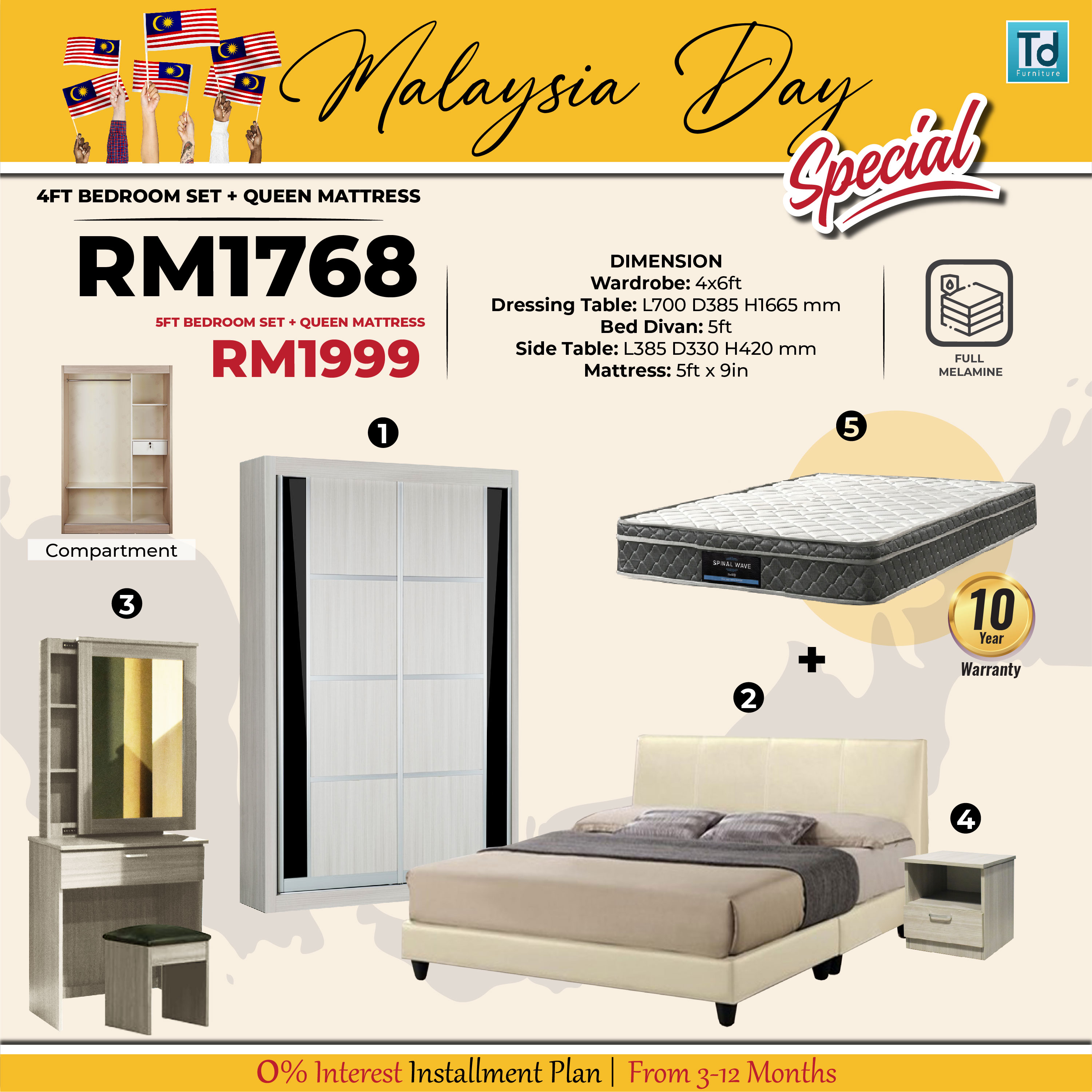 MALAYSIA DAY SPECIAL 4'FT ROOM SET FOC 5'MATTRESS